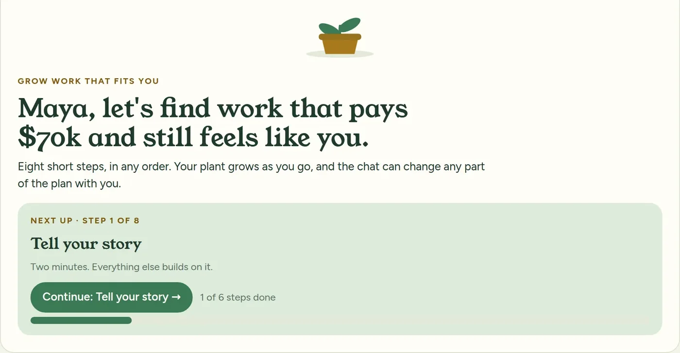 The Home tab with a next-step card, a progress bar and a small plant that grows as steps are finished